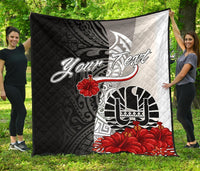 Tahiti Polynesian Custom Personalised Premium Quilt - Coat Of Arm With Hibiscus White - Polynesian Pride