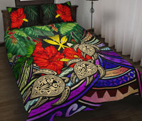 Kanaka Maoli (Hawaiian) Quilt Bed Set - Polynesian Turtle Colorful And Hibiscus - Polynesian Pride