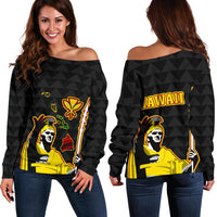 Hawaiian King Guardian Women's Off Shoulder Sweater Black - Polynesian Pride