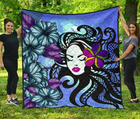 Hawaiian Hibiscus Polynesian Hula Girl Premium Quilt Blue - Polynesian Pride