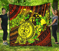 Hawaii Polynesian Premium Quilt - Hawaii Yellow Turtles Map & Green Hibiscus Red - Polynesian Pride