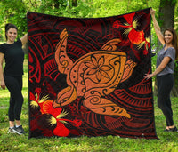 Hawaii Hibiscus Polynesian Red Big Turtle Premium Quilt - Polynesian Pride