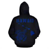 Polynesian Kakau Turtle Map of Hawaii Hoodie Blue - Polynesian Pride