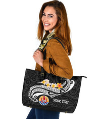 Tahiti Custom Personalised Leather Tote Bag - Tahiti Seal Polynesian Patterns Plumeria (Black) - Polynesian Pride