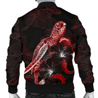 Tahiti Polynesian Men's Bomber Jacket - Turtle With Blooming Hibiscus Red - Polynesian Pride