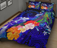 Custom Personalised Chuuk Quilt Bed Set - Humpback Whale with Tropical Flowers (Blue) - Polynesian Pride
