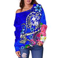 Tonga Women's Off Shoulder Sweater - Turtle Plumeria (Blue) - Polynesian Pride