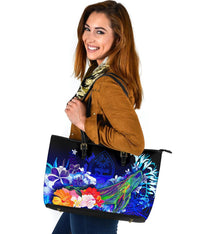 Guam Custom Personalised Laarge Leather Totes Bags - Humpback Whale with Tropical Flowers (Blue) - Polynesian Pride