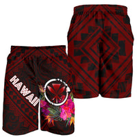 Hawaii Men's Shorts - Kanaka Maoli With Hibiscus On Polynesian Patterns (RED) - Polynesian Pride