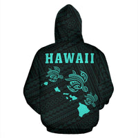 Polynesian Kakau Three Turtle Map of Hawaii Hoodie Turquoise - Polynesian Pride