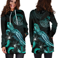 Palau Polynesian Hoodie Dress - Turtle With Blooming Hibiscus Turquoise - Polynesian Pride