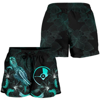Yap Polynesian Women's Shorts - Turtle With Blooming Hibiscus Turquoise - Polynesian Pride