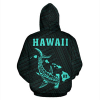 Polynesian Kakau Hammerhead Shark Map of Hawaii Zip Hoodie Turquoise - Polynesian Pride