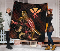 Hawaii Polynesian Premium Quilt - Turtle With Blooming Hibiscus Gold - Polynesian Pride
