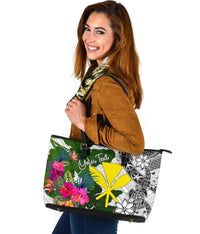 Hawaii Custom Personalised Large Leather Tote White - Turtle Plumeria Banana Leaf - Polynesian Pride