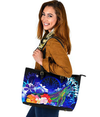Tahiti Leather Tote Bag - Humpback Whale with Tropical Flowers (Blue) - Polynesian Pride