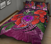 Polynesian Hawaii Quilt Bed Set - Purple Hibiscus Turtle Flowing - Polynesian Pride