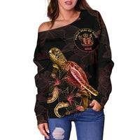 Niue Polynesian Women's Off Shoulder Sweater - Turtle With Blooming Hibiscus Gold - Polynesian Pride