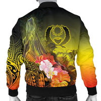 Pohnpei Men's Bomber Jacket - Humpback Whale with Tropical Flowers (Yellow) - Polynesian Pride