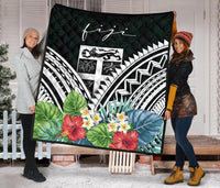 Fiji Premium Quilt - Fiji Coat of Arms & Polynesian Tropical Flowers White - Polynesian Pride