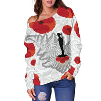 Anzac Maori Women Off Shoulder Sweater Silver Fern Lest For Get - Polynesian Pride