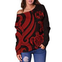 Tonga Women Off Shoulder Sweater - Red Tentacle Turtle - Polynesian Pride