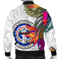 Northern Mariana Islands Men's Bomber Jacket Polynesian Hibiscus White Pattern - Polynesian Pride