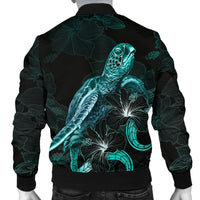 Palau Polynesian Men's Bomber Jacket - Turtle With Blooming Hibiscus Turquoise - Polynesian Pride
