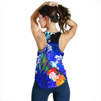 American Samoa Polynesian Women's Racerback Tank - Humpback Whale with Tropical Flowers (Blue) - Polynesian Pride