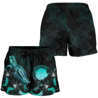CNMI Polynesian Women's Shorts - Turtle With Blooming Hibiscus Turquoise - Polynesian Pride