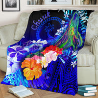 Chuuk Premium Blanket - Humpback Whale with Tropical Flowers (Blue) - Polynesian Pride