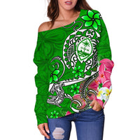 Guam Women's Off Shoulder Sweater - Turtle Plumeria (Green) - Polynesian Pride