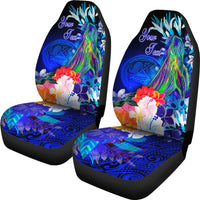 American Samoa Polynesian Custom Personalised Car Seat Covers - Humpback Whale with Tropical Flowers (Blue) - Polynesian Pride