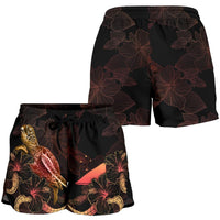 Tokelau Polynesian Women's Shorts - Turtle With Blooming Hibiscus Gold - Polynesian Pride