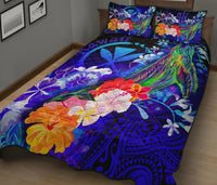 Polynesian Hawaii Quilt Bed Set - Kanaka Maoli Humpback Whale with Tropical Flowers (Blue) - Polynesian Pride