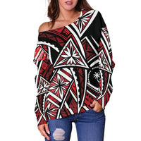 Chuuk Women's Off Shoulder Sweaters - Tribal Flower Special Pattern Red Color - Polynesian Pride