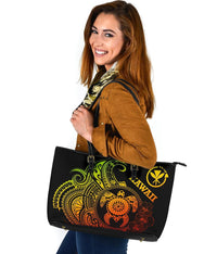 Hawaii Polynesian Large Leather Tote Bag - Vintage Polynesian Turtle (Reggae) - Polynesian Pride