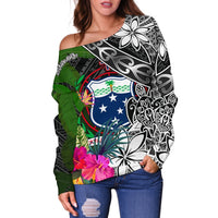 Samoa Off Shoulder Sweater - Turtle Plumeria Banana Leaf - Polynesian Pride