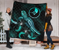 Yap Polynesian Premium Quilt - Turtle With Blooming Hibiscus Turquoise - Polynesian Pride