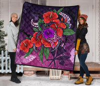 Polynesian Hawaii Premium Quilt - Purple Hibiscus Turtle Flowing - Polynesian Pride