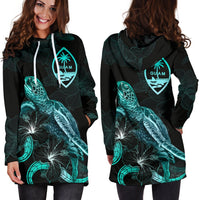 Guam Polynesian Hoodie Dress - Turtle With Blooming Hibiscus Turquoise - Polynesian Pride