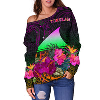Tokelau Women's Off Shoulder Sweater - Summer Hibiscus - Polynesian Pride