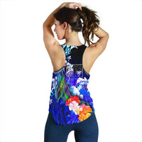 Fiji Custom Personalised Women's Racerback Tank - Humpback Whale with Tropical Flowers (Blue) - Polynesian Pride