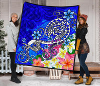 Polynesian Premium Quilt - Turtle Plumeria Blue Color - Polynesian Pride