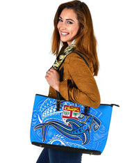 Fiji Large Leather Tote Bag - Blue Shark Polynesian Tattoo - Polynesian Pride