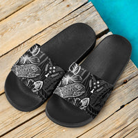 Kosrae Slide Sandals - Turtle Hibiscus Pattern Black - Polynesian Pride
