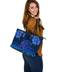 Hawaii Turtle Hibiscus Polynesian Large Leather Tote Bag - Lucy Style - AH - Polynesian Pride