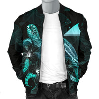 Tokelau Polynesian Men's Bomber Jacket - Turtle With Blooming Hibiscus Turquoise - Polynesian Pride