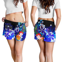 Fiji Custom Personalised Women's Shorts - Humpback Whale with Tropical Flowers (Blue) - Polynesian Pride
