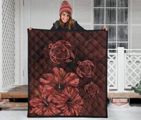 Hawaiian Map Hibiscus Turtle Vintage Polynesian Premium Quilt Red - Polynesian Pride